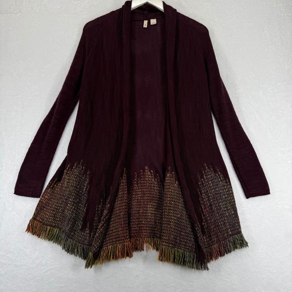 Moth Sweaters - Moth Anthropologie Maroon Fringe Open Front Cardigan‎ Space Dye Hem Small
